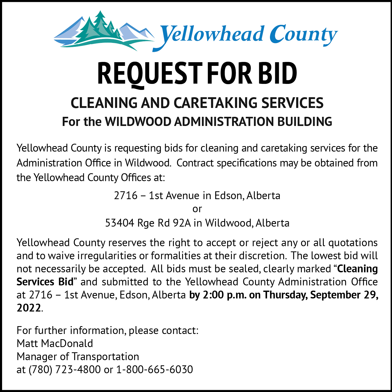Cleaning Contract Wildwood Yellowhead County