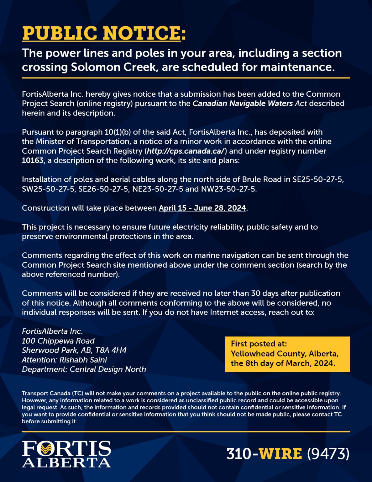 Fortis Public Notice Yellowhead County/Solomon Creek Yellowhead County